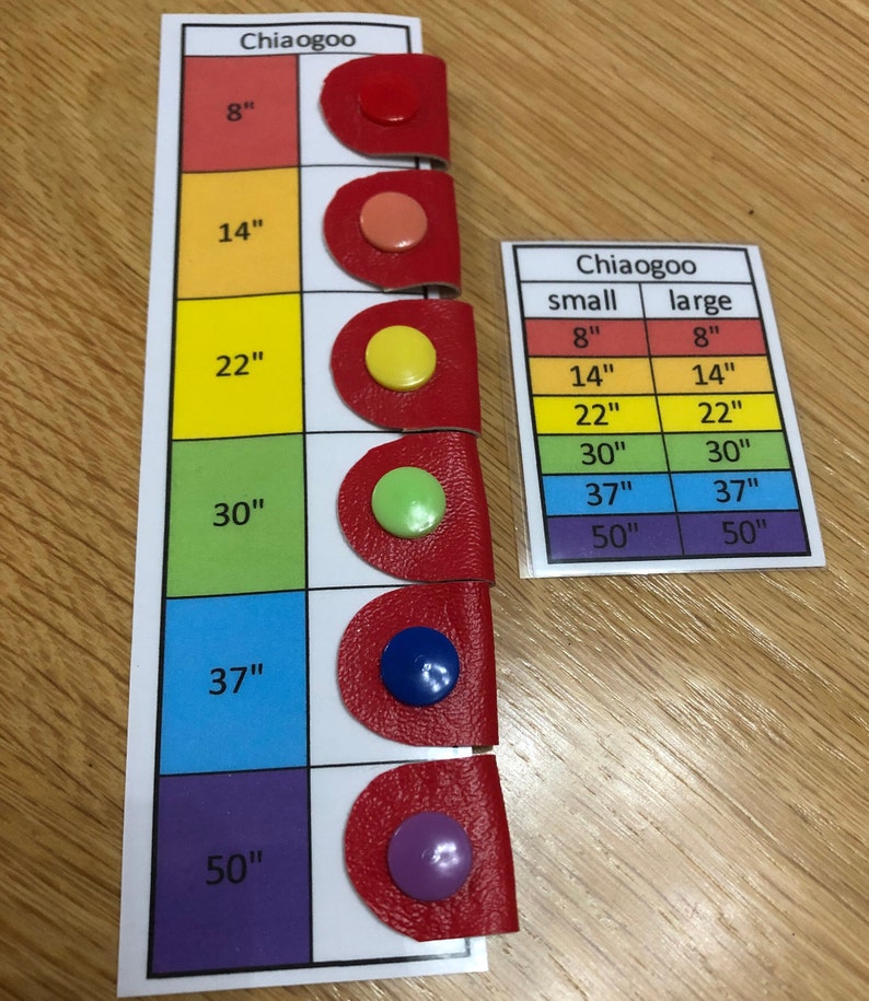 May include: A set of six red leather cable organizers with different colored buttons. The buttons are red, orange, yellow, green, blue, and purple. The organizers are labeled with the following sizes: 8 inches, 14 inches, 22 inches, 30 inches, 37 inches, and 50 inches. The chart also includes the text "Chiaogoo" and "small" and "large".