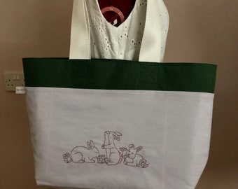 Easter bunny tote bag. Rabbit embroidered design on lilac corduroy fabric with floral lining.