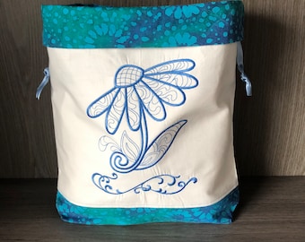 Large Knitting Project Bag. Crochet Project Bag. Drawstring bag with embroidered design.