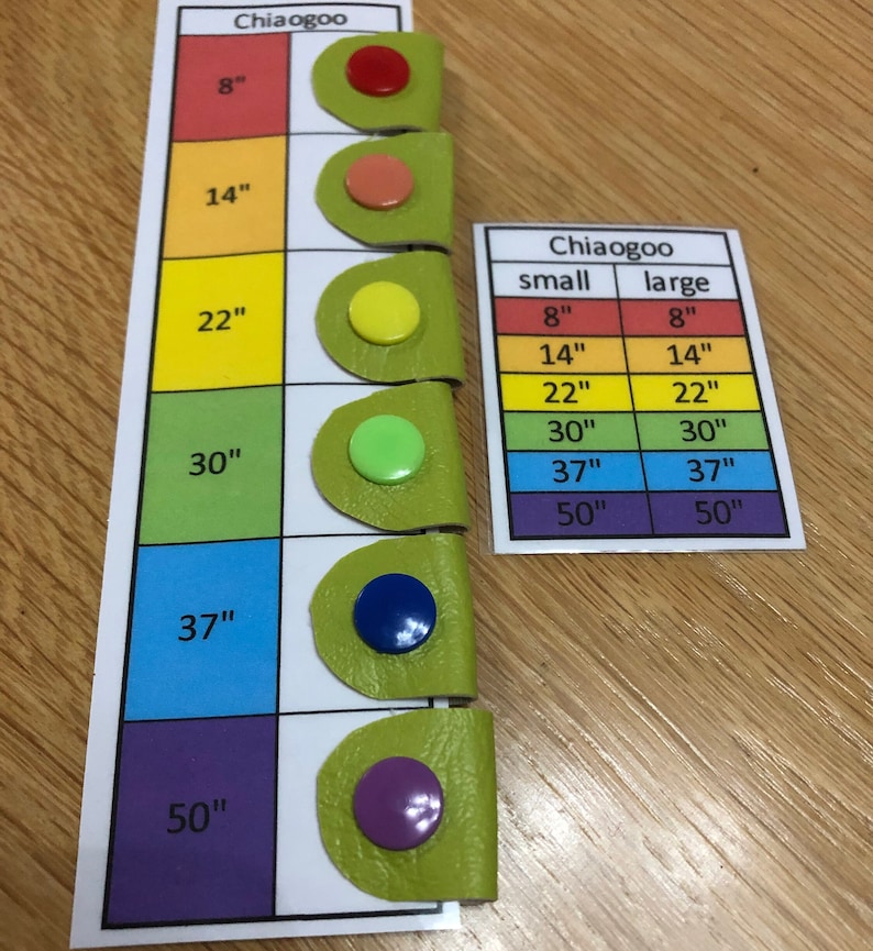 May include: A color-coded chart with different sizes of knitting needles, labeled in inches. The chart includes a table with the sizes of small and large knitting needles.