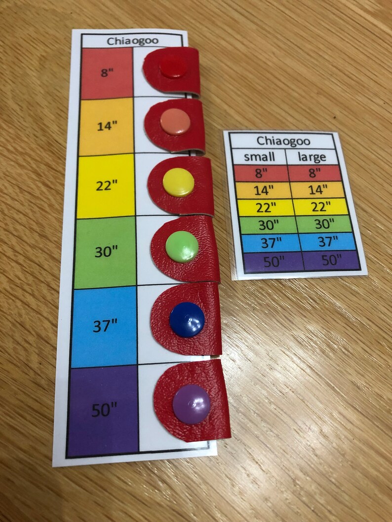 May include: A color-coded chart with red, orange, yellow, green, blue, and purple circles on a red background. The chart is labeled "Chiaogoo" and shows different sizes in inches: 8", 14", 22", 30", 37", and 50". A separate chart labeled "Chiaogoo" shows "small" and "large" sizes in inches.