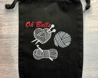 Handmade oh balls drawstring project bag, yarn balls design sock sack.