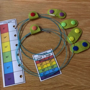 May include: Three sets of turquoise circular knitting needles with green, yellow, blue, red, and purple colored caps. The needles are laid out on a wooden surface with a chart showing the sizes of the needles in inches.