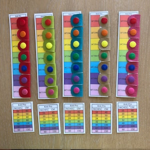 May include: Five colour charts with leather swatches in different sizes and colours. Each chart has a Knit Pro logo and a table with measurements in inches and centimetres. The colours are red, orange, yellow, green, blue, purple, and pink.
