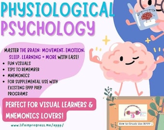 May include: A pink brain with a smiling face and flexing its biceps stands on a laptop computer. The laptop screen shows a graphic of a dumbbell with the text "How to Crush the EPPP". The background is blue with white clouds. The text "EPPP PHYSIOLOGICAL PSYCHOLOGY" is in large, colorful letters at the top of the image.