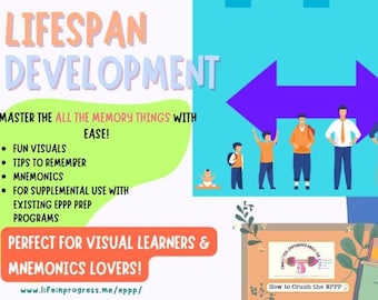 May include: A colorful illustration depicting the lifespan development of a person, from baby to senior citizen. The illustration is accompanied by text that reads "EPPP Lifespan Development" and "Master the all the memory things with ease!"  The text also includes bullet points listing features such as "Fun visuals", "Tips to remember mnemonics", and "For supplemental use with existing EPPP prep programs". The text also reads "Perfect for visual learners & mnemonics lovers!" and includes a website address and social media handle.
