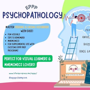 May include: A colourful illustration of a brain with a person standing on a ladder reaching for a target labelled "PICA". The brain also has labels for "ANOREXIA", "BULIMIA", and "BINGE EATING". The image is titled "EPPP PSYCHOPATHOLOGY" and includes the text "MASTER FEEDING & EATING DISORDERS WITH EASE!" and "PERFECT FOR VISUAL LEARNERS & MNEMONICS LOVERS!" The image also includes a laptop with a screen that says "How to Crush the EPPP" and a book titled "DIAGNOSTIC AND STATISTICAL MANUAL OF MENTAL DISORDERS FIFTH EDITION TEXT REVISION DSM-5-TR™".