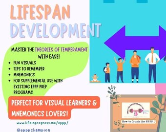 May include: A colorful graphic with the text "EPPP LIFESPAN DEVELOPMENT" and a purple arrow pointing left and right. The graphic also includes a series of stick figures representing different stages of human development. The text "MASTER THE THEORIES OF TEMPERAMENT WITH EASE!" is also included. The graphic is perfect for visual learners and mnemonics lovers. The text "www.lifeinprogress.me/eppp/ @epppchampion" is also included.