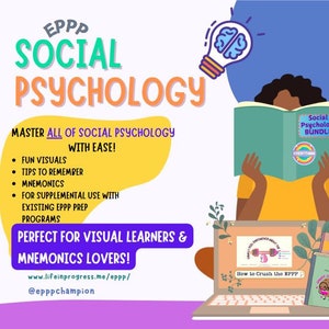 Może przedstawiać: Żółto-zielona ilustracja żarówki z mózgiem w środku. Tekst "EPPP SOCIAL PSYCHOLOGY" jest dużymi, kolorowymi literami. Osoba czyta książkę z tekstem "Social Psychology Bundle!" na okładce. Tekst "MASTER ALL OF SOCIAL PSYCHOLOGY WITH EASE!" znajduje się w żółtym polu. Lista punktów zawiera "FUN VISUALS", "TIPS TO REMEMBER", "MNEMONICS" i "FOR SUPPLEMENTAL USE WITH EXISTING EPPP PREP PROGRAMS". Tekst "PERFECT FOR VISUAL LEARNERS & MNEMONICS LOVERS!" znajduje się w żółtym polu. Tekst "www.lifeinprogress.me/eppp/ @epppchampion" znajduje się pod żółtym polem.