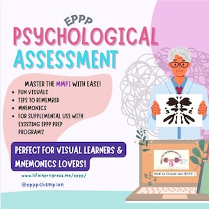 May include: An image promoting psychological assessment with the text "EPPP PSYCHOLOGICAL ASSESSMENT." It features an older person holding a Rorschach inkblot test card. The image includes a laptop, books, and text highlighting study aids like visuals and mnemonics.
