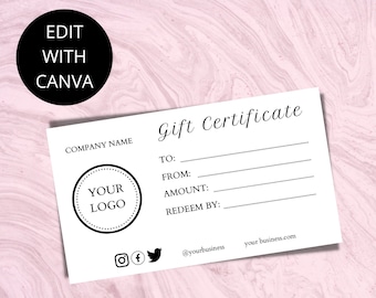 Chèque-cadeau Canva élégant, Chèque-cadeau, Modèle de certificat, Téléchargement instantané, Modèle modifiable