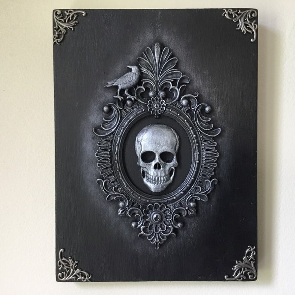 Skull Wall Art, Gothic Silver/Black Decor, Handmade