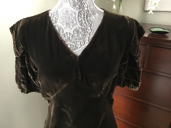 1930’s Chocolate Brown Silky Velvet Gown, Size Sma