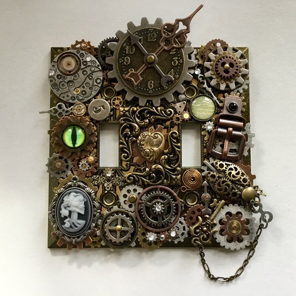 Steampunk Switch Plate, Decorative Switch Plate, Handmade, Brass, Bronze, Copper, Silver, Charms, Vintage Watch Parts, Gears, Cat Eye,