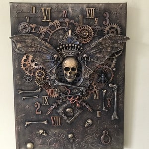 Gothic Decor, Steampunk Inspired Collage, 3D Skull/Bat Wings Wall Art, Unique Home Decor, Mixed Media Art Canvas