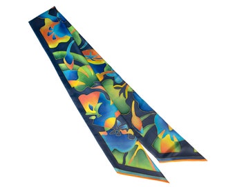 Handmade Silk Scarf, Abstract Floral Skinny Scarf, 70"x5"