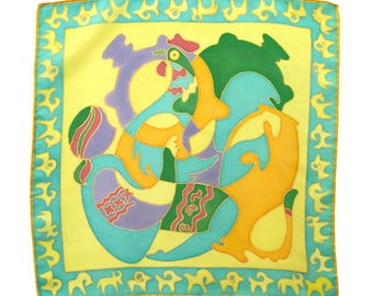 Small yellow twill silk scarf. Handmade pocket square. Scarf for handbag or wrist. Hand painted silk with Ukrainian folk motif. 15x15 in.