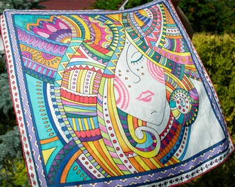 Ukrainian seller, Hand Painted Silk Square Neck Scarf with Abstract Ornamental Ukrainian Ethnic Motive, 27x 27 in.