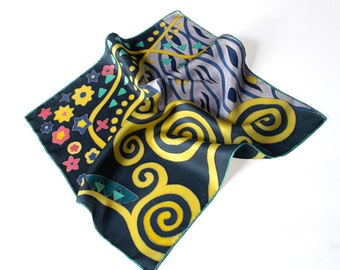 Unique Hand Painted Square Black Silk Twill Neck Scarf with Abstract Floral design, for Men and Women, 20x20 in.