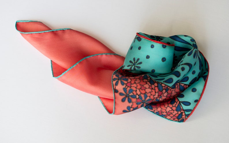 Hand Painted Small Square Neck Silk Twill Scarf Blue and Pink - Etsy