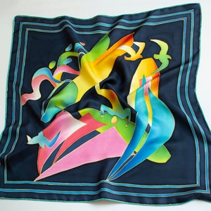 Hand Painted Silk Neck Scarf, Dark Navy Blue Square Shawl, Modern Style Abstract Nautica Neckclothl, 27x27 in.