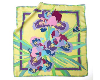 Yellow Neck Scarf with Purple Irises,  Hand Painted Silk Twill Square Shawl, Botanical motif Carre, 26x26 in.