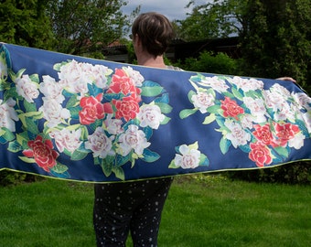 Large Silk Scarf, Hand Painted Black Silk Shawl, Floral Womens Scarf, Silk Evening Wrap, 70 x 21 in.
