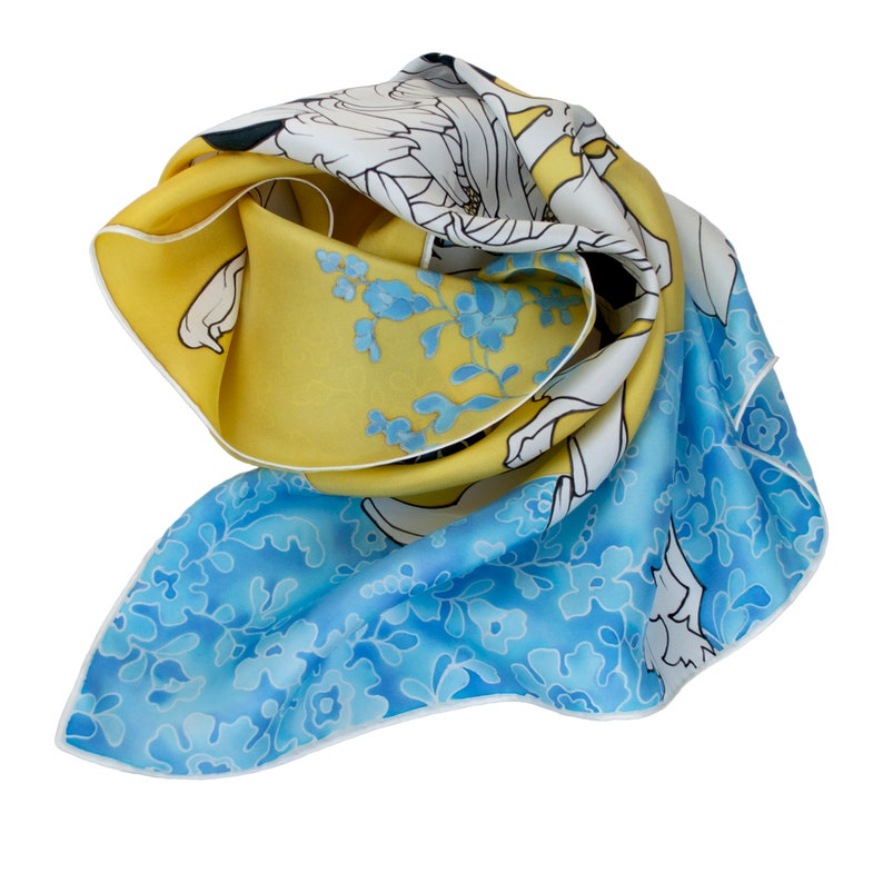 Hand Painted Silk Square Scarf With White Chrysanthemum on Sky - Etsy