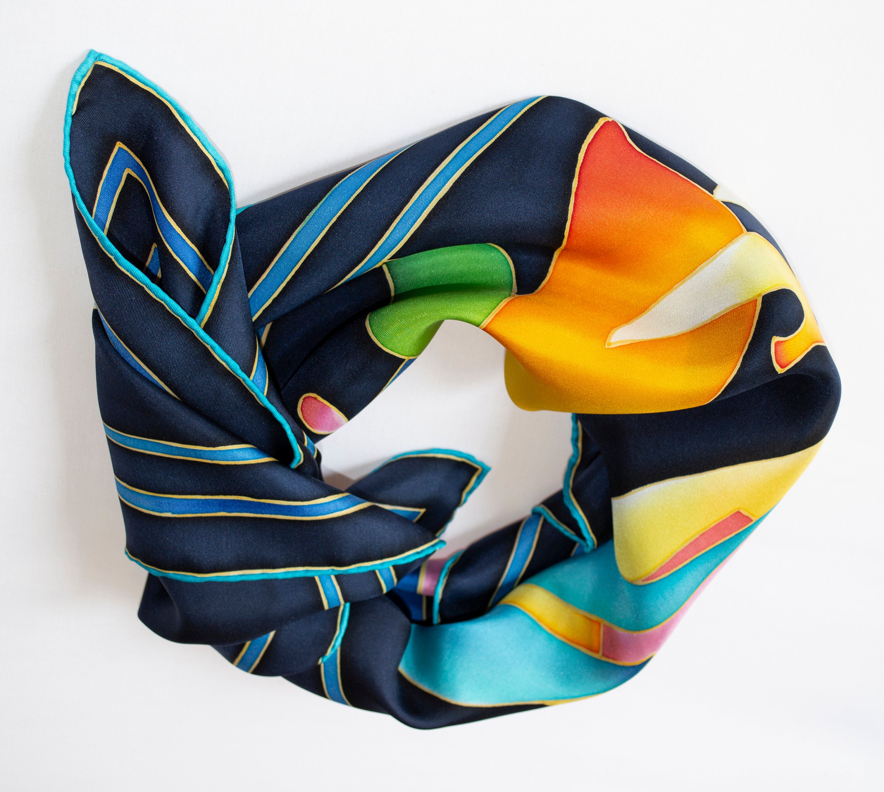 Handbemalter Seidenhalsschal dunkelblaues Quadrattuch | Etsy