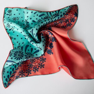 Hand Painted Small Square Neck Silk Twill Scarf, Blue and Pink Neckerchief, Mother&#39;s Day Gift, 20x20 in.