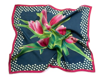 Hand Painted Navy Blue Silk Square Neck Scarf with Tulips and Polka Dot pattern, 27x27 in.