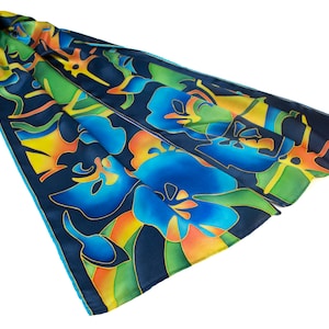 Silk Slim Long Neck Scarf with Abstract Floral pattern, Navy Blue Tie, Art Deco Neckcloth, Men&#39;s and Women&#39;s Christmas gift, 70 x 12 in.