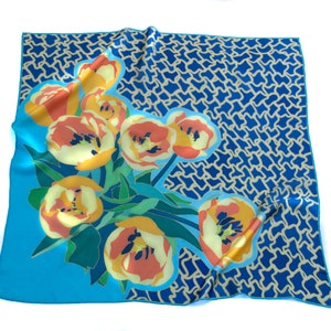 Hand Painted Square Silk Neck Scarf, Floral Print Shawl, Yellow Tulips Neckerchief, 36x36 in.