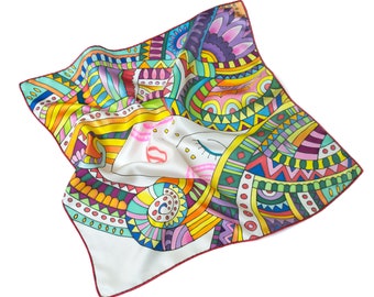 Ukrainian seller, Hand Painted Silk Square Neck Scarf with Abstract Ukrainian Ethnic Design, 20x20 in
