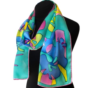 Vibrant slim long hand painted green silk shawl, floral pattern neck scarf. Christmas gift. 70 x 12 in.