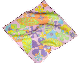Small pink twill silk scarf. Handmade pocket square. Scarf for handbag or wrist. Hand painted silk with Ukrainian folk motif. 15x15 in.