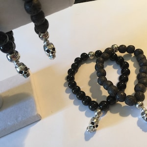 Energy Volcanic Lava Stone or Glass Bead Bracelet w/Silver Skull, Gothic