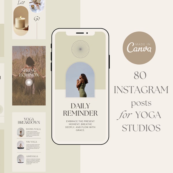 Social Media Templates for Yoga Studios, Yoga Teachers, Meditation Studios, 80 Editable Canva Instagram Templates