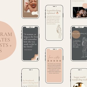 May include: A collection of 70+ Instagram templates for posts and stories. The templates feature a variety of designs with a minimalist aesthetic, including quotes, illustrations, and text boxes. The templates are perfect for promoting a business or sharing personal updates.