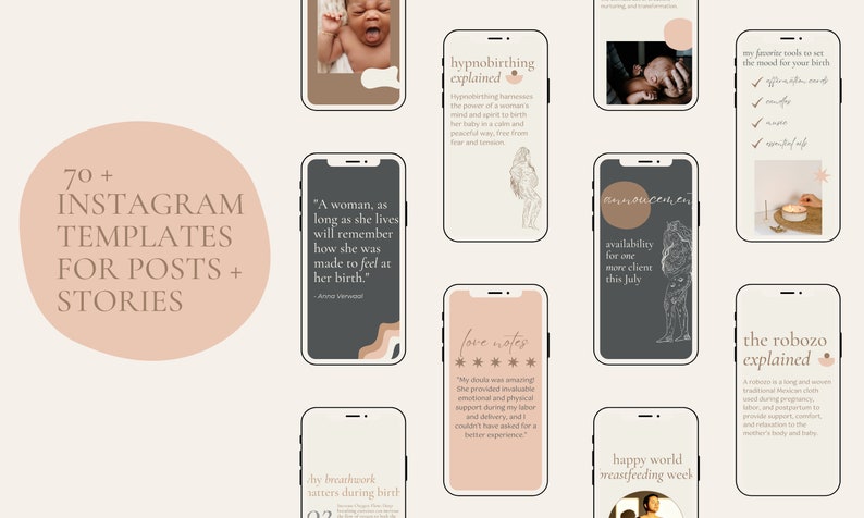 May include: A collection of 70+ Instagram templates for posts and stories. The templates feature a variety of designs with a minimalist aesthetic, including quotes, illustrations, and text boxes. The templates are perfect for promoting a business or sharing personal updates.