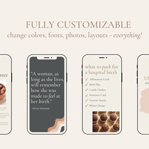 May include: Four phone screen mockups with different designs for a pregnancy blog or social media. The first mockup shows dates in a bowl with the text "why to eat dates in the third trimester". The second mockup shows a quote about childbirth with the text "A woman, as long as she lives, will remember how she was made to feel at her birth." The third mockup shows a list of items to pack for a hospital birth with the text "what to pack for a hospital birth". The fourth mockup shows a calendar with the text "UPCOMING availability".