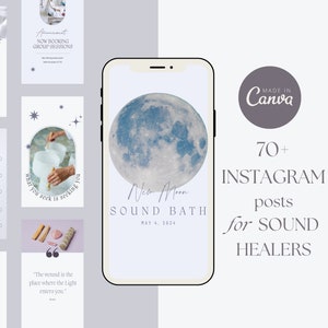 Social Media Template for Sound Healers, Singing Bowl Practitioners & Meditation Teachers 70+ Editable Canva Instagram Templates
