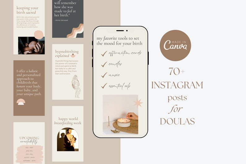 May include: A set of 70+ Instagram post templates for doulas, featuring a variety of topics related to childbirth, including hypnobirthing, keeping birth sacred, and setting the mood for birth. The templates are designed in a minimalist style with a neutral color palette of beige, brown, and white.