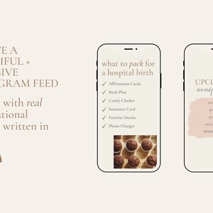 May include: Two phone screen mockups with a light brown background. The left phone screen shows a checklist titled "what to pack for a hospital birth" with items like "affirmation cards", "birth plan", and "comfy clothes". The right phone screen shows a pink watercolor background with the text "UPCOMING availability" and a list of months with availability dates.