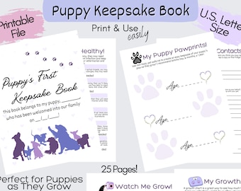 May include: A printable puppy keepsake book with a purple and white color scheme. The cover features a silhouette of puppies and the text "Puppy's First Keepsake Book". The book includes sections for recording important information about the puppy, such as their birth date, weight, and vaccination records. It also includes space for paw prints and a growth chart. The book is designed to be a fun and easy way to document your puppy's first year.