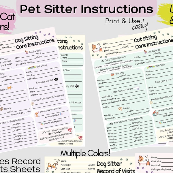 Pet Sitter Instructions | Pet Sitter Checklist | Dog Sitter | Cat Sitter | Pet Sitter Printable | Pet Sitter Notes | Pet Sitter Template PDF