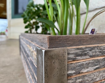 Jardinera rústica moderna caja de jardín interior exterior comedero de madera planta grande. Madera envejecida y acero