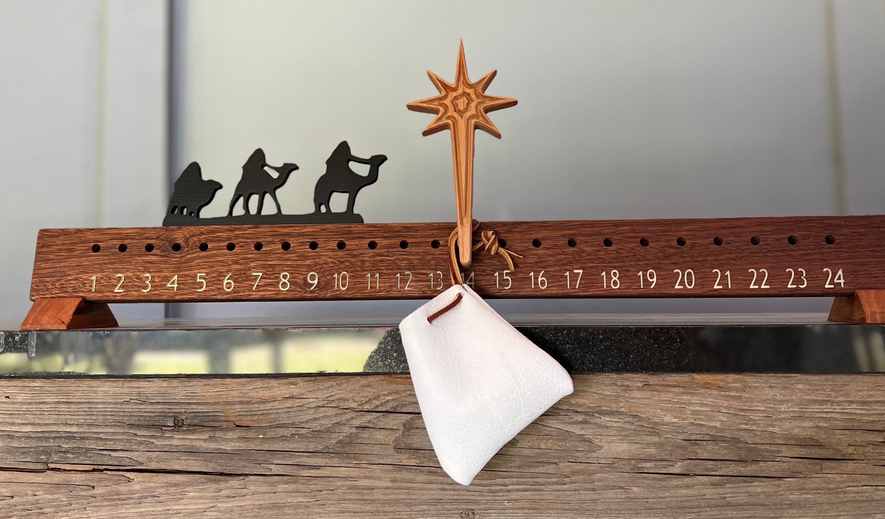 Minimalist Advent Heirloom Calendar. Mahogany Solid Wood and Leather