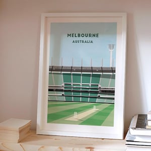 Melbourne Cricket Stadium Print - Minimalist Illustrated Wall Art, Cricket Ground Poster, Wood Framed Option, Personalised Text Choice