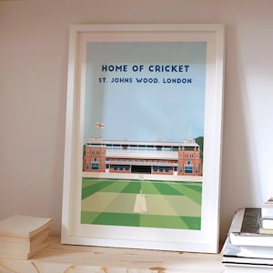 Lords England & Middlesex Cricket Ground Print - Retro Modern Wall Art, Cricket Poster Gift, Wood Framed Option, Personalised Text Choice